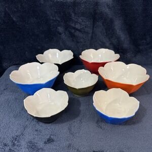 Vintage Lotus Flower Porcelain Colorful Bowls Japan Lotus Lot Of 7